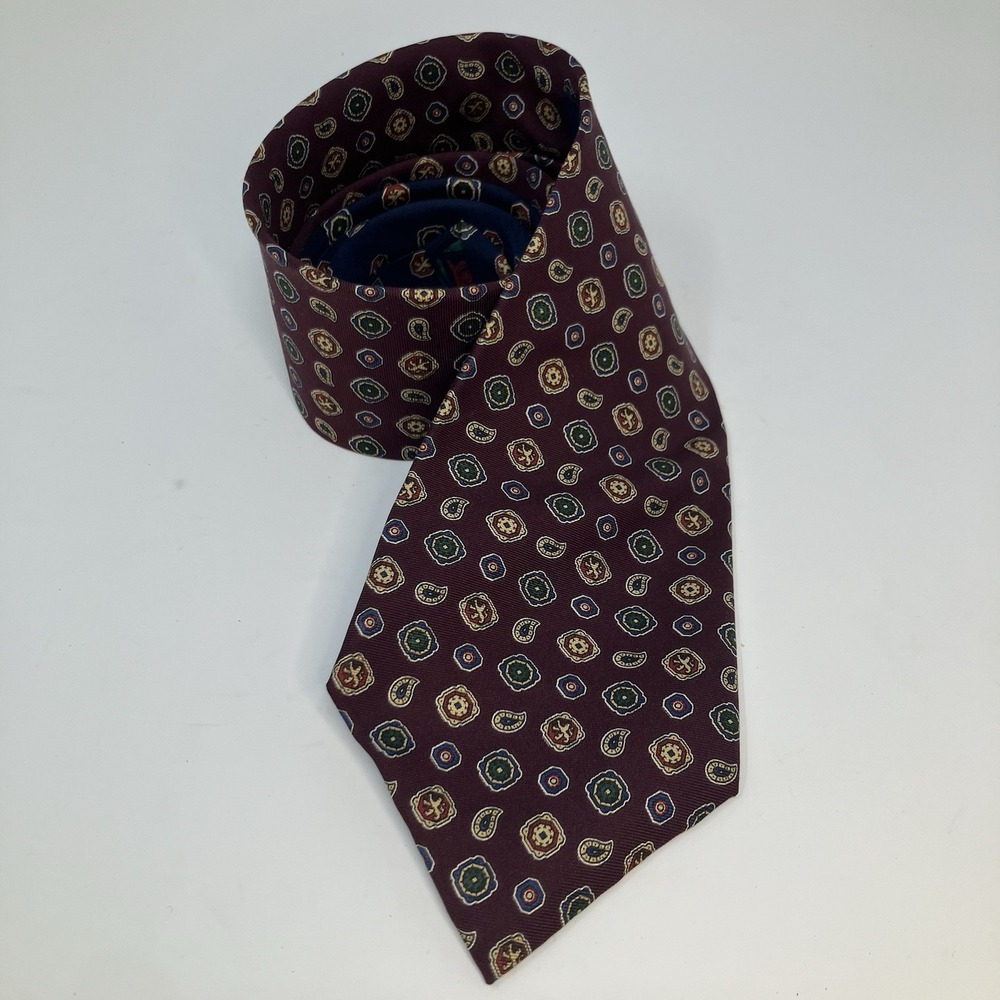 Vintage Tommy Hilfiger Silk Necktie Burgundy Geo Medallion Pattern Crest USA